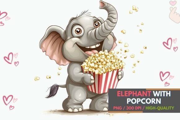 Add Playful Charm with Funny Elephant with Popcorn PNG Clipart