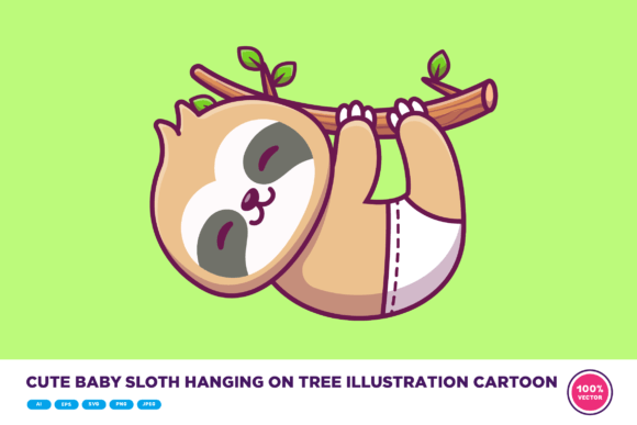 Adorable Design Assets: Cute Baby Sloth Hanging on Tree Cartoon