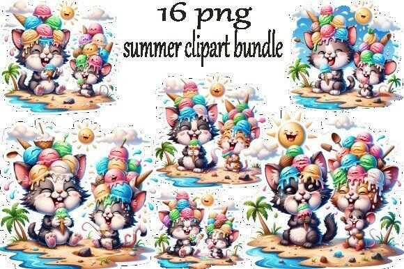 Adorable Kawaii Summer Kittens: Cute Cat Ice Cream Clipart Bundle PNG