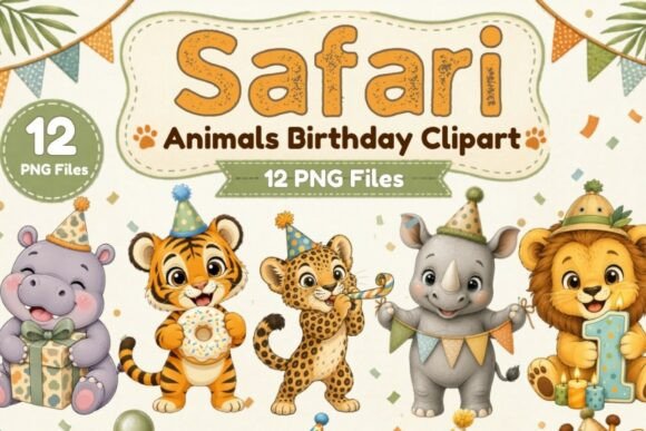 Adorable Safari Animals Birthday Clipart PNG, 12 for Party Designs