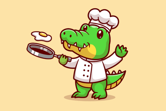 Charming Cute Crocodile Chef Cooking Egg Cartoon Vector Art