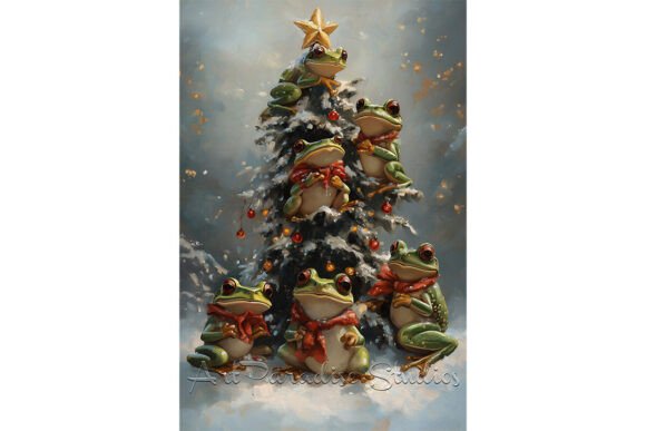 Cute Tree Frogs in Snowy Scene Print: A Whimsical Holiday Masterpiece