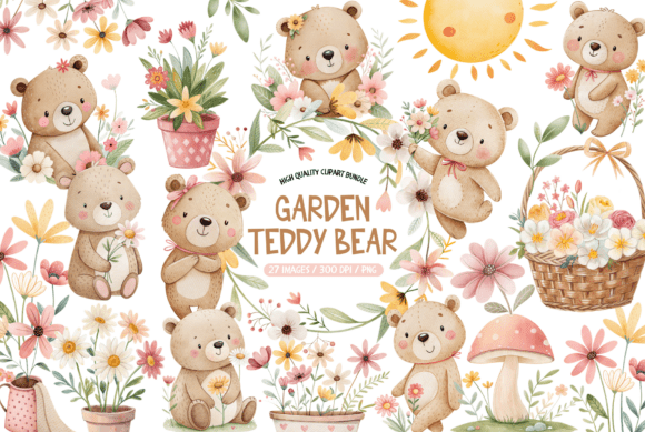 Enchanting Watercolor Spring Teddy Bear Clipart for Creative Projects
