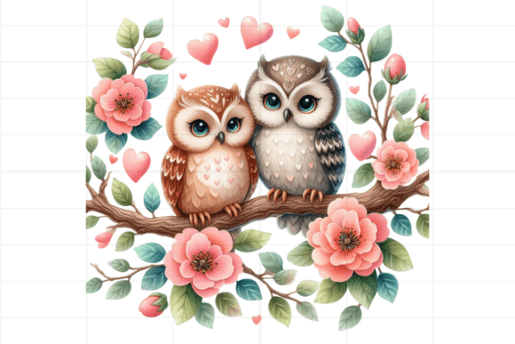 Watercolor Owls Branch with Heart Flower: A Romantic Design Asset