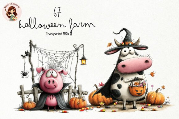 Whimsical Halloween Farm PNG Clipart: 67 Adorable Illustrations for Spooky-Fun Designs