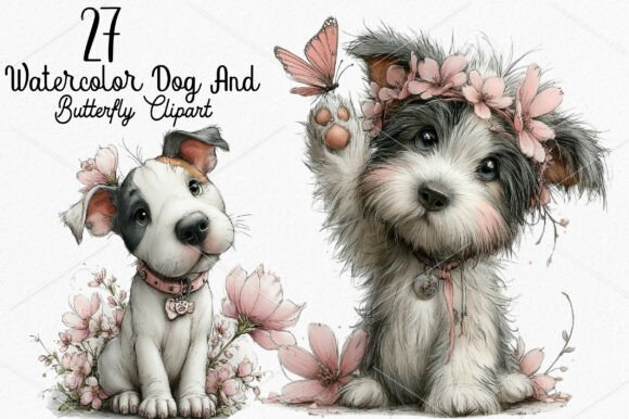Whimsical Watercolor Dog & Butterfly Clipart: A Creative Asset